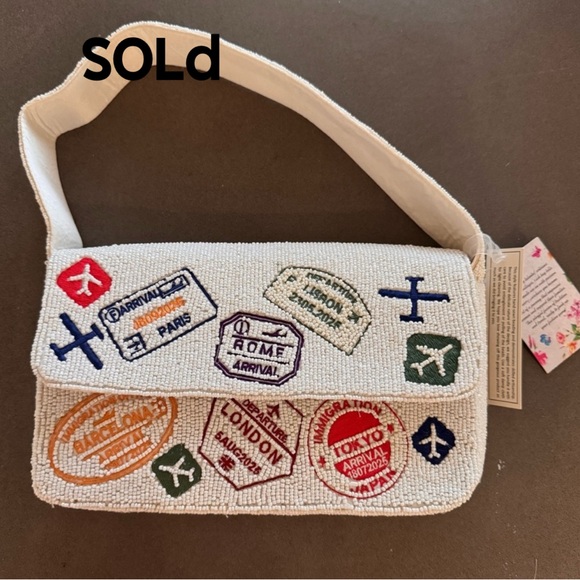India Boutique Handbags - Viral Beaded Travel Passport Stamp Shoulder Bag NWT Made In India White